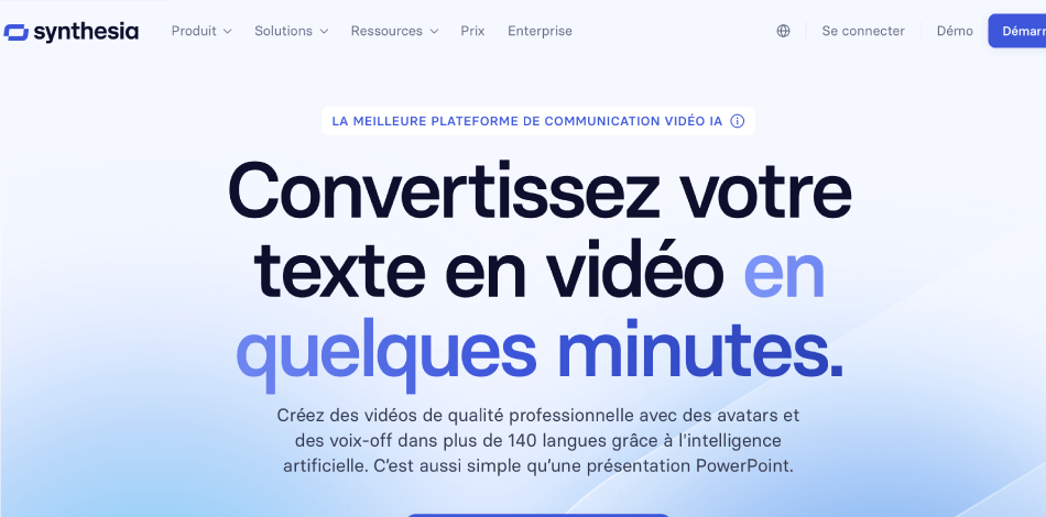 Synthesia, le générateur de vidéos assisté par IA pour la création de vidéos professionnelles.